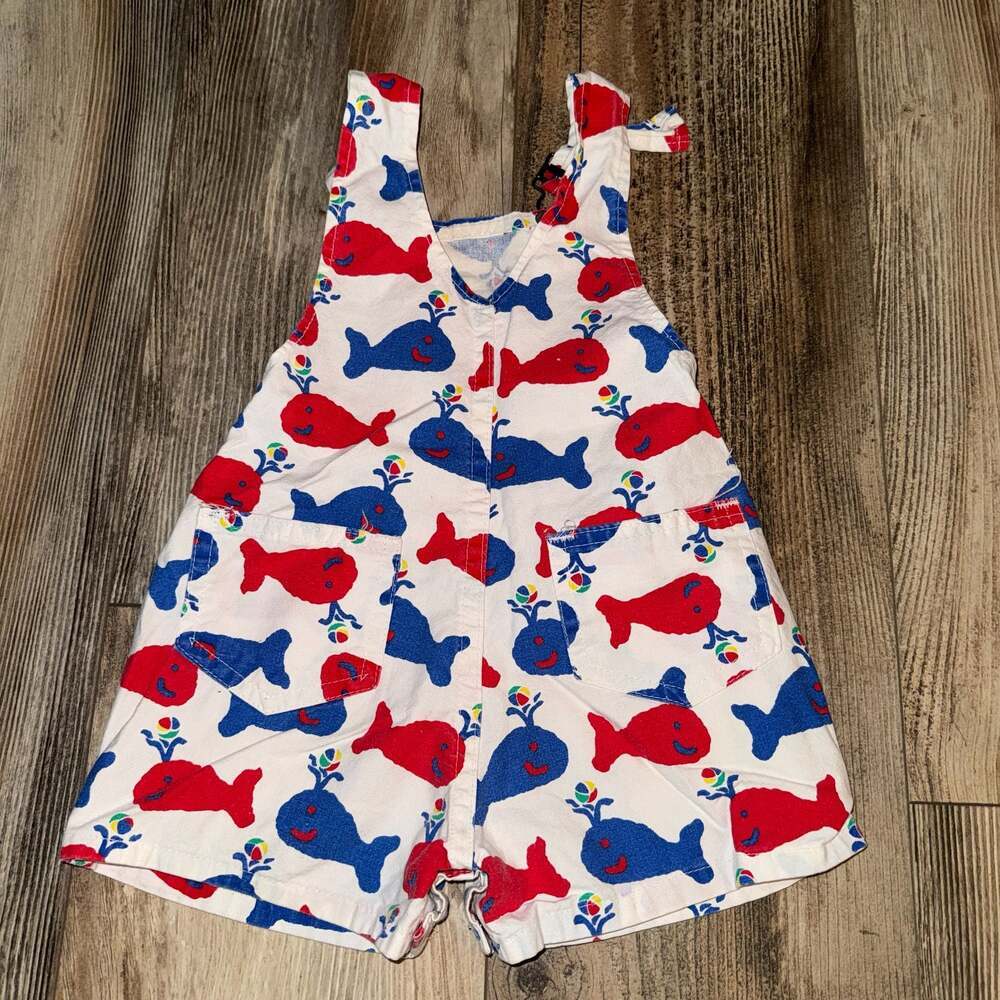 Vintage Carter's Whale Print Short Overalls oshkosh whale pattern Size 18 Months - Picture 4 of 6